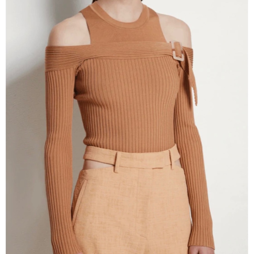Jonathan Simkhai Camel Ribbed Off-the-Shoulder Sweater
